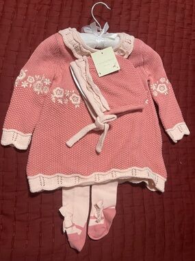 Cynthia Rowley Pink Knit Baby Dress Set with Floral Trim size 6-9 Mos